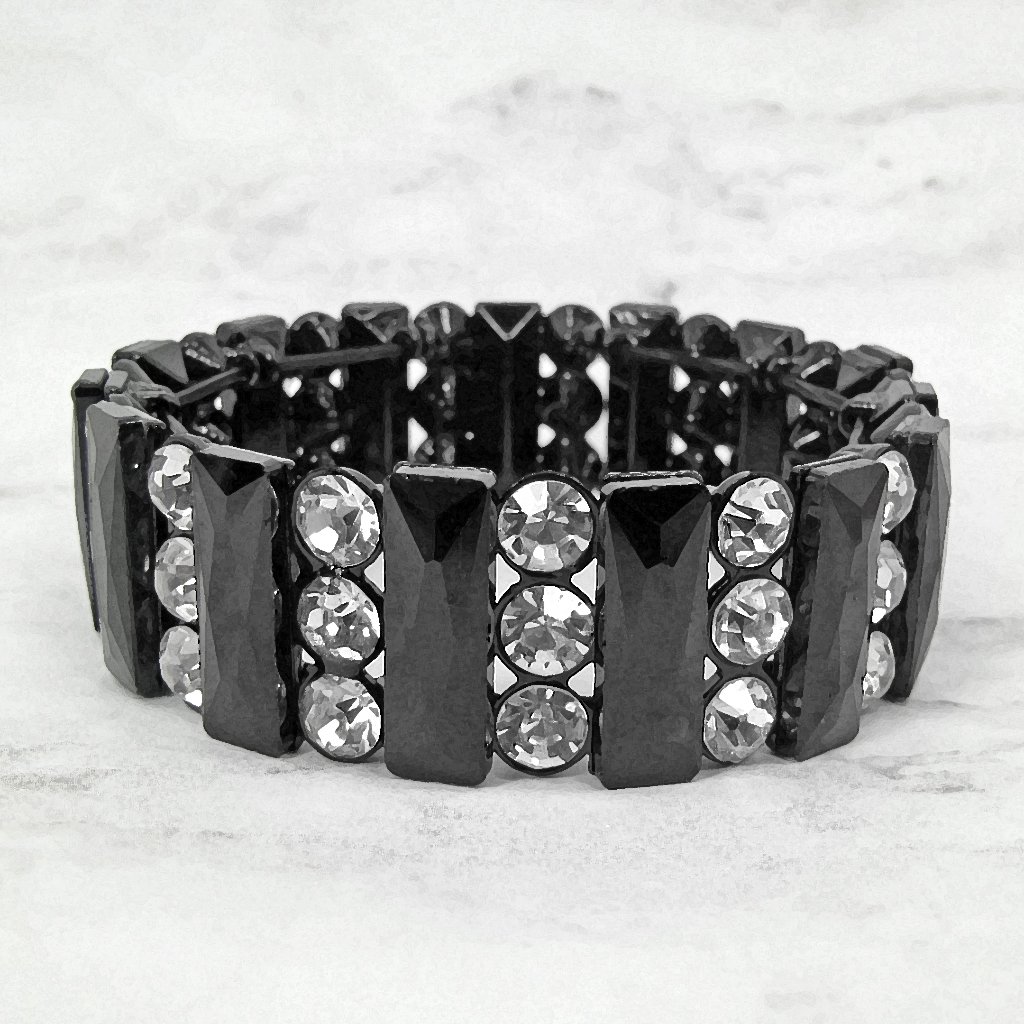 Black Glass And Clear Crystal Stretch Bracelet W/ Rows Of Rectangle Glass Beads